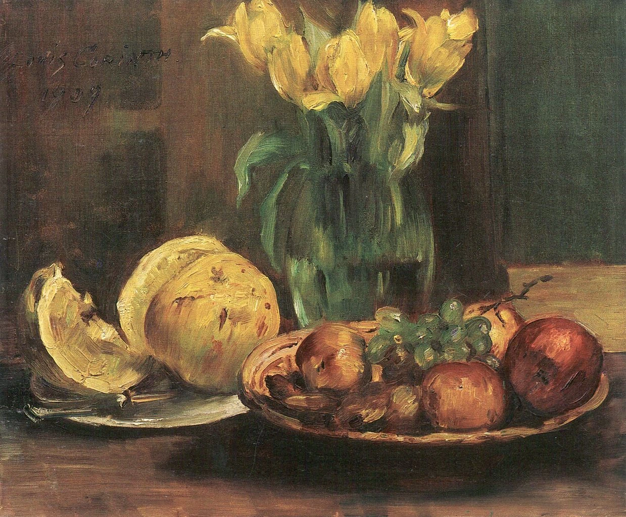 Natura morta con tulipani gialli, mele e pompelmi 1909